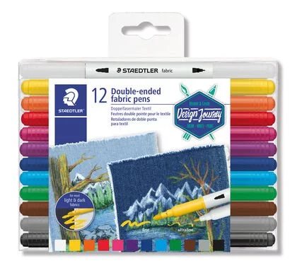 Wallet containing 12 double-ended fabric pens in assorted colours